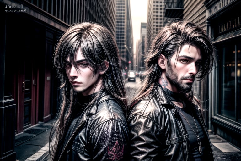 2_men standing posed for music cover/album, beards, rapper style, symetrical face, white_men, long hair, manga_book_cover, ripped clothing, red_black, blue_black, black_hair_brothers, tattoos, cityscape, 8k, 16k, detailed_face, detailed_eyes, masterpiece,(most detail),(best detail), perfict_eyes, perfict_face,