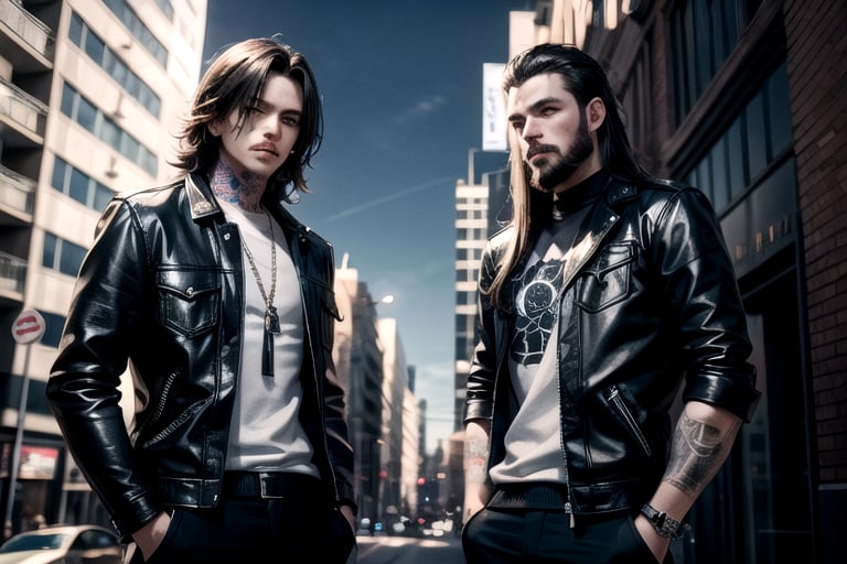 2_men standing posed for music cover/album, beards, rapper style, symetrical face, white_men, long hair, manga_book_cover, ripped clothing, red_black, blue_black, black_hair_brothers, tattoos, cityscape, 8k, 16k, detailed_face, detailed_eyes, masterpiece,(most detail),(best detail), perfict_eyes, perfict_face,