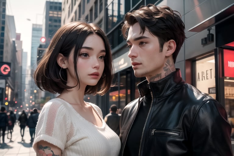 1_man holding 1_woman,in the city,city_scape,large_bust,small clothes,tattos,masterpiece,8k,16k,best_quality,highest_quality,detailed_faces,deatiled_eyes,symetrical_faces,caught_in_the_act