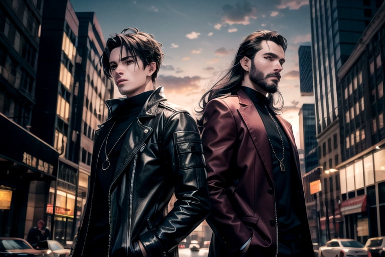 2_men standing posed for music cover/album, beards, rapper style, symetrical face, white_men, long hair, manga_book_cover, ripped clothing, (red and black), (blue and black), black_hair_brothers, guns, cityscape, 8k, 16k, detailed_face, detailed_eyes, masterpiece,(most detail),(best detail)