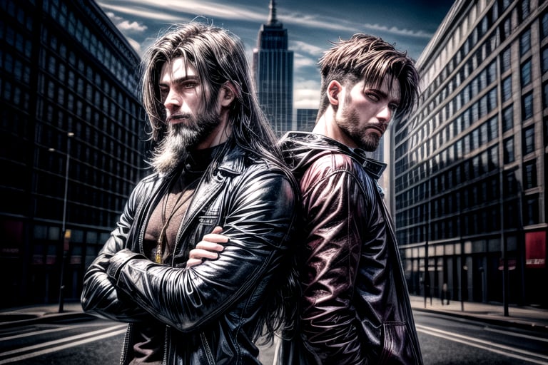 2_men standing posed for music cover/album, beards, rapper style, symetrical face, white_men, long hair, anime_style, manga_book_cover, ripped clothing, (red and black), (blue and black), black_hair_brothers, guns, cityscape, 8k, 16k, detailed_face, detailed_eyes, masterpiece, 