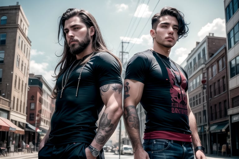 2_men standing posed for music cover/album, beards, rapper style, symetrical face, white_men, long hair, anime_style, manga_book_cover, ripped clothing, (red and black), (blue and black), black_hair_brothers, guns, cityscape, 8k, 16k, detailed_face, detailed_eyes, masterpiece, 