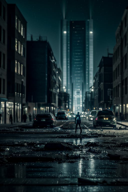 city landscape, (((futuristic))), buildings falling apart, night time, ((lots of lights)), (dark), human poeple amonst demons, ((masterpiece)), most detail, 8k, 16k, most quiality, (face details), full body, landscape shot,