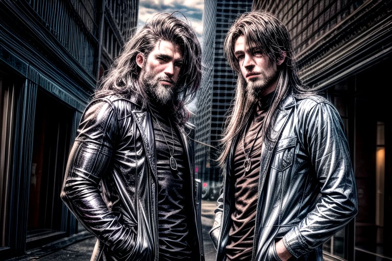 2_men standing posed for music cover/album, beards, rapper style, symetrical face, white_men, long hair, anime_style, manga_book_cover, ripped clothing, (red and black), (blue and black), black_hair_brothers, guns, cityscape, 8k, 16k, detailed_face, detailed_eyes, masterpiece, 