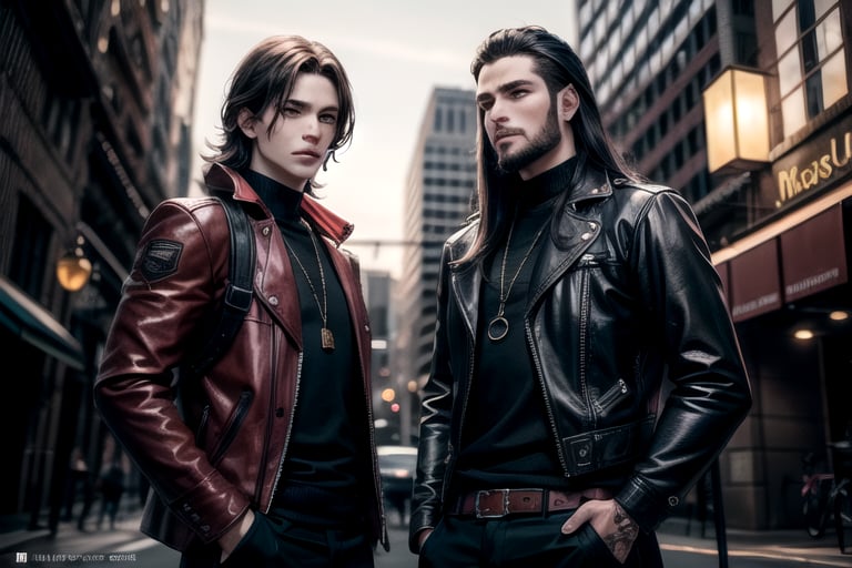 2_men standing posed for music cover/album, beards, rapper style, symetrical face, white_men, long hair, manga_book_cover, ripped clothing, (red and black), (blue and black), black_hair_brothers, guns, cityscape, 8k, 16k, detailed_face, detailed_eyes, masterpiece,(most detail),(best detail), perfict eyes, perfict face,