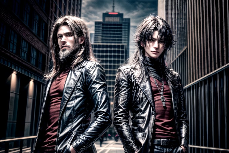 2_men standing posed for music cover/album, beards, rapper style, symetrical face, white_men, long hair, anime_style, manga_book_cover, ripped clothing, (red and black), (blue and black), black_hair_brothers, guns, cityscape, 8k, 16k, detailed_face, detailed_eyes, masterpiece, 