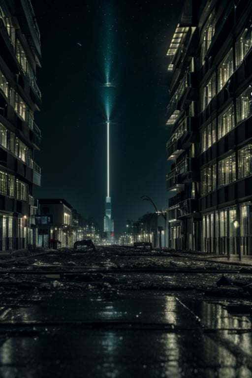 city landscape, (((futuristic))), buildings falling apart, night time, ((lots of lights)), (dark), human poeple amonst demons, ((masterpiece)), most detail, 8k, 16k, most quiality, (face details), full body, landscape shot, humans fight demons, (war)