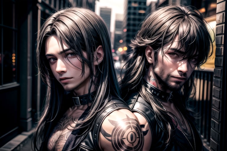 2_men standing posed for music cover/album, beards, rapper style, symetrical face, white_men, long hair, manga_book_cover, ripped clothing, red_black, blue_black, black_hair_brothers, tattoos, cityscape, 8k, 16k, detailed_face, detailed_eyes, masterpiece,(most detail),(best detail), perfict_eyes, perfict_face,