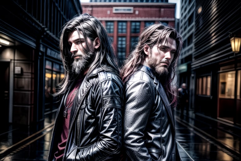 2_men standing posed for music cover/album, beards, rapper style, symetrical face, white_men, long hair, manga_book_cover, ripped clothing, (red and black), (blue and black), black_hair_brothers, guns, cityscape, 8k, 16k, detailed_face, detailed_eyes, masterpiece, 