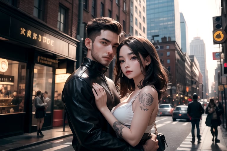 1_man holding 1_woman,in the city,city_scape,large_bust,big_breast,small clothes,tattos,masterpiece,8k,16k,best_quality,highest_quality,detailed_faces,deatiled_eyes,symetrical_faces