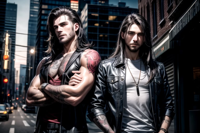 2_men standing posed for music cover/album, beards, rapper style, symetrical face, white_men, long hair, manga_book_cover, ripped clothing, red_black, blue_black, black_hair_brothers, tattoos, cityscape, 8k, 16k, detailed_face, detailed_eyes, masterpiece,(most detail),(best detail), perfict_eyes, perfict_face,