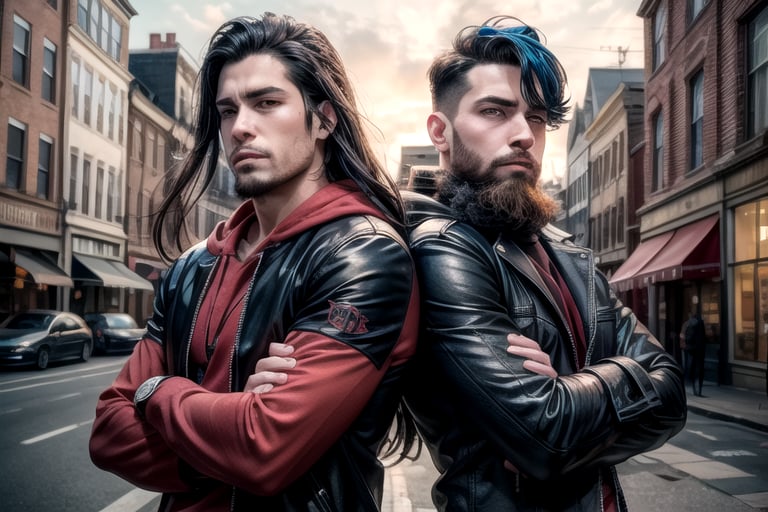 2_men standing posed for music cover/album, beards, rapper style, symetrical face, white_men, long hair, anime_style, manga_book_cover, ripped clothing, (red and black), (blue and black), black_hair_brothers, guns, cityscape, 8k, 16k, detailed_face, detailed_eyes