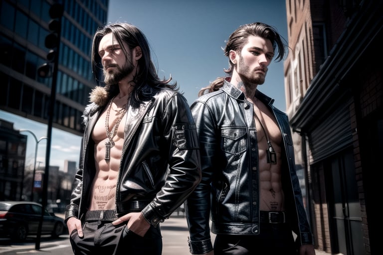 2_men standing posed for music cover/album, beards, rapper style, symetrical face, white_men, long hair, manga_book_cover, ripped clothing, red_black, blue_black, black_hair_brothers, tattoos, cityscape, 8k, 16k, detailed_face, detailed_eyes, masterpiece,(most detail),(best detail), perfict_eyes, perfict_face,