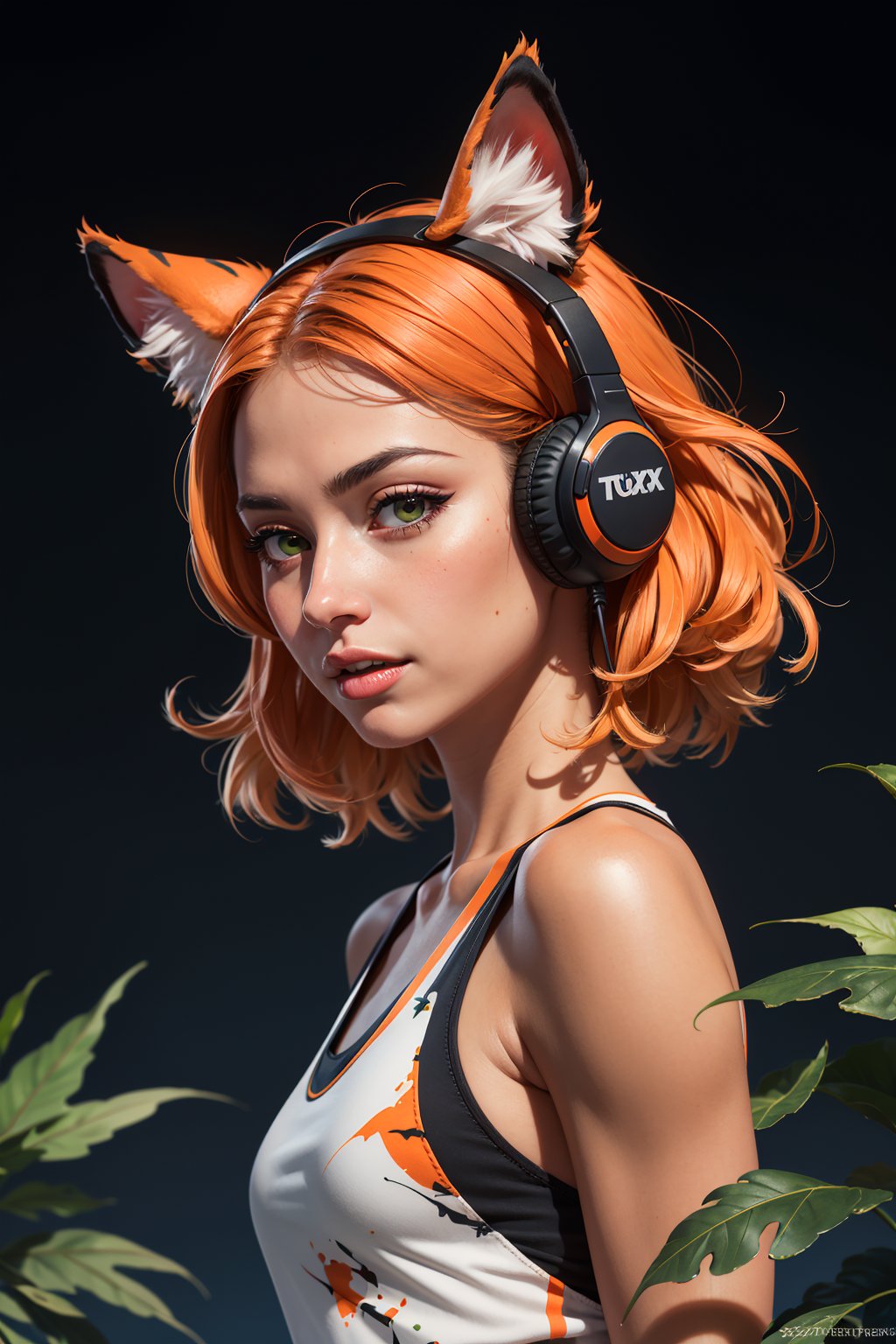 (masterpiece:1.1), (highest quality:1.1), (HDR:1.0), extreme quality, cg, (negative space), detailed face+eyes, 1girl, fox ears, animal ear fluff, (plants:1.18), (fractal art), (bright colors), splashes of color background, colors mashing, paint splatter, complimentary colors, neon, (thunder tiger), compassionate, electric, limited palette, synthwave, fine art, tan skin, upper body, (green and orange:1.2), time stop, sy3, SMM, model, full_body