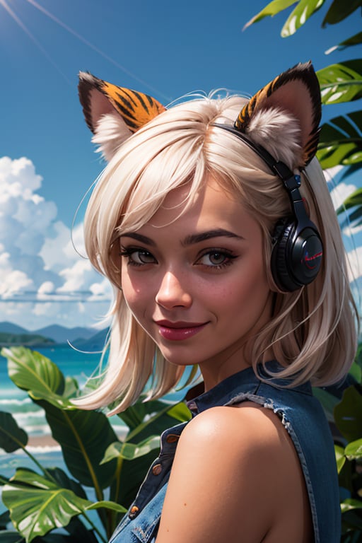 (masterpiece:1.1), (highest quality:1.1), (HDR:1.0), extreme quality, cg, (negative space), detailed face+eyes, fox ears, animal ear fluff, (plants:1.18), (bright colors), colors mashing, complimentary colors, (thunder tiger), compassionate, electric, synthwave, fine art, tan skin, time stop, sy3, SMM, model, full_body, sea, sky, smile, 2 girls