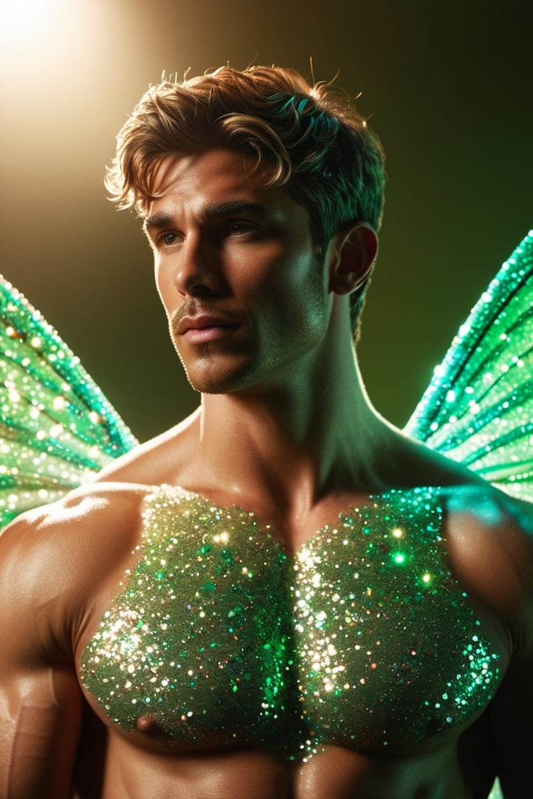 (photorealistic, masterpiece:1.5), best quality, beautiful lighting, realistic, real image, intricate details, depth of field, 1man, male focus, solo, extremely handsome, muscular, bara, male underwear, underwear bulge, muscular man, (male fairy), (glowing mint-green fairy wings), abs, nipples, pectorals, facial hair, (big beautiful mint-green fairy wings), flexing, topless male, navel, short dark brown mint-tipped colored hair, large pectorals, male, biceps, flower garden, exterior, stomach, anatomically correct, realistic, beautiful ethereal lighting, photorealistic (medium), 8k uhd, film grain, ((bokeh)), Cinematic Shot,DonMF41ryW1ng5XL,Mxl,glitter,Movie Still