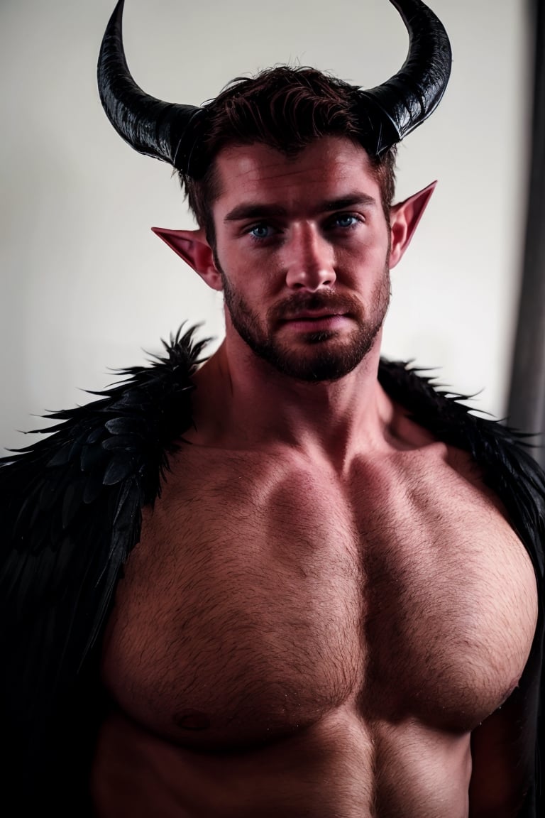 solo, looking at viewer, short hair, dark red hair, 1boy, upper body, male focus, wings, horns, pointy ears, demonic skin, muscular, facial hair, pectorals, muscular male, demon horns, bara, demon wings, beard, black wings, mature male, realistic, demon, chest hair,dom_suyo,handsome male,fantasy,DonMD3m0nV31ns