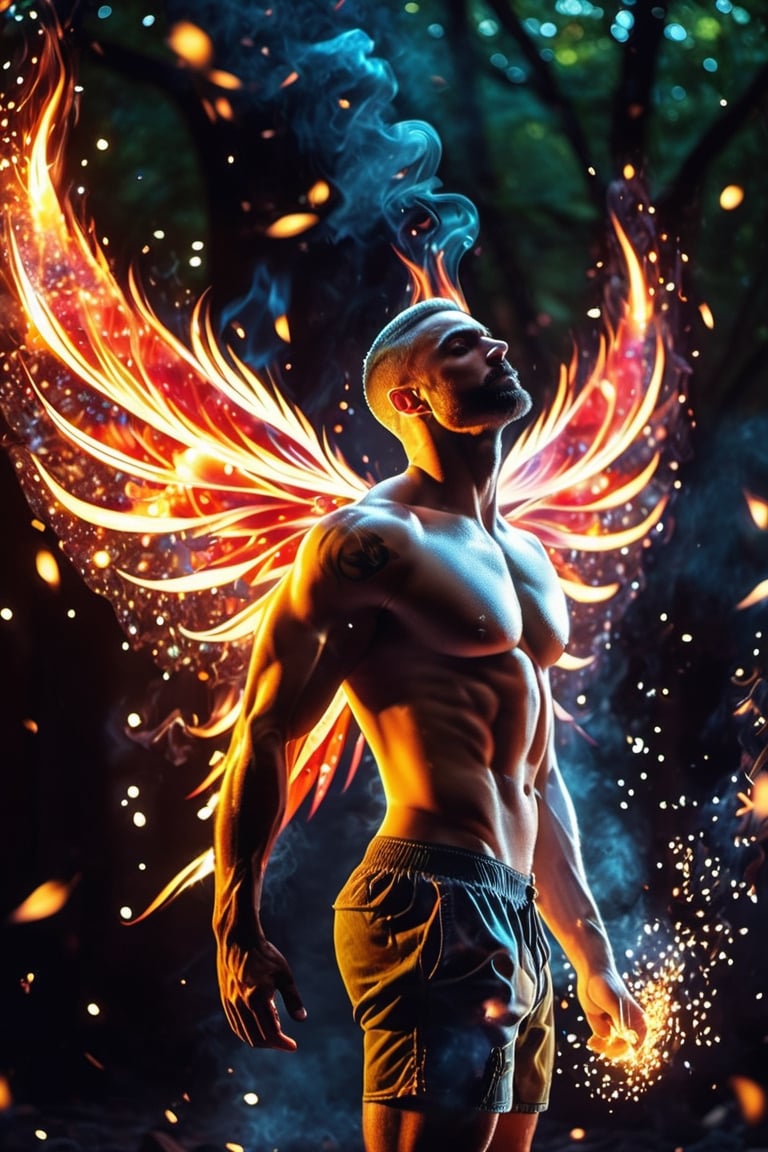 (photorealistic, masterpiece:1.5), best quality, beautiful lighting, realistic, real image, intricate details, depth of field, full body shot,1man, male focus, solo, extremely handsome, muscular, bara, male underwear, underwear bulge, muscular man, (male fairy), (bright red flaming fairy wings), abs, nipples, pectorals, (big beautiful burning red fairy wings), flexing, topless male, navel, short firey  colored hair, large pectorals, male, biceps, fiery garden, embers everywhere, exterior, stomach, anatomically correct, realistic fire, flaming hot body, beautiful ethereal lighting, photorealistic (medium), 8k uhd, film grain, ((bokeh)), Cinematic Shot,DonMF41ryW1ng5XL,Mxl,glitter,Movie Still,fire element,DonM3l3m3nt4lXL,LegendDarkFantasy,Flat vector art, cinematic moviemaker style