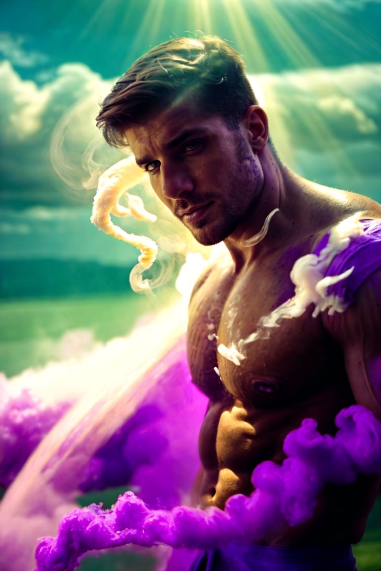 A handsome smokemancer with air manipulation abilitites, featuring (short air blown hair with a soft appearance), set in a sky setting. Emphasize (((intricate details))), (((highest quality))), (((extreme detail quality))), and a (((captivating clear composition))) Use a palette of bright colours, (((anatomically correct))), masculine handsome facial features, stubble, (shirtless), powerful aeromancer, purple smoke swirling aorund him,  fullbody shot, (((realistic soft skin texture))), bright dynamic lighting, sun rays leaking through pink clouds, ultrarealistic, air manipulation powers, smoke everywwhere, fantasy realism, magical wind powers, smoke energy, composed of elements of air, rainbow light, jetstreams, flowing energy, air element, handsome male, Portrait, Man, white-smoke, DonMW1nd,