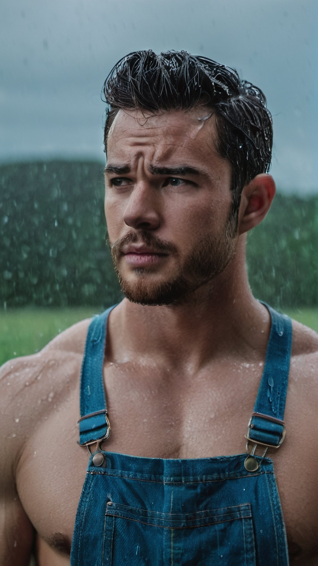 (photorealistic), cinimatic film still. beautiful lighting, best quality, realistic, full length portrait, real image, intricate details, depth of field, 1 American man, in a summer rainstorm, extremely muscular man cowboy with haircut, extremely handsome, wearing ripped denim jeans, Shirtless, topless, cowboy boots, highly detailed, facial features, blue eyes, tall, anatomically correct, Fujifilm XT3, outdoors, open field, overcast, beautiful lighting, RAW photo, 8k uhd, film grain, ((bokeh)),6000,male,Movie Still,photo r3al