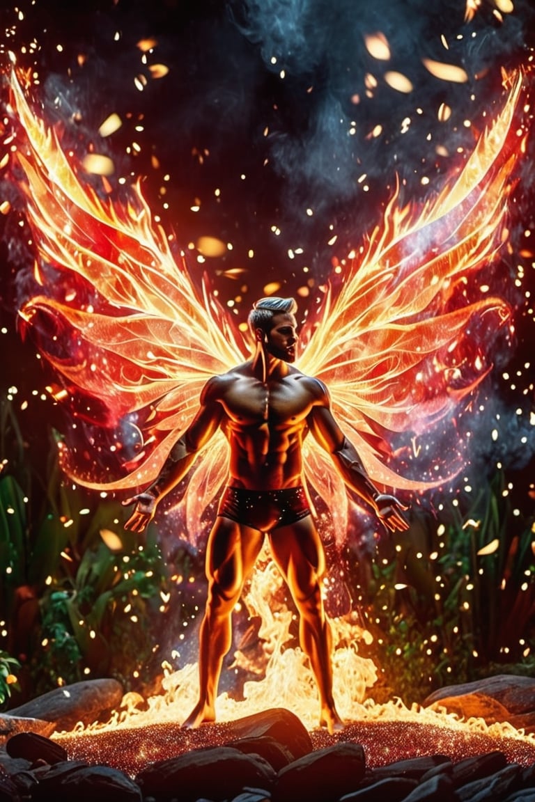 (photorealistic, masterpiece:1.5), best quality, beautiful lighting, realistic, real image, intricate details, depth of field, full body shot,1man, male focus, solo, extremely handsome, muscular, bara, male underwear, underwear bulge, muscular man, (male fairy), (bright red flaming fairy wings), abs, nipples, pectorals, (big beautiful burning red fairy wings), flexing, topless male, navel, short firey  colored hair, large pectorals, male, biceps, fiery garden, embers everywhere, exterior, stomach, anatomically correct, realistic fire, flaming hot body, beautiful ethereal lighting, photorealistic (medium), 8k uhd, film grain, ((bokeh)), Cinematic Shot,DonMF41ryW1ng5XL,Mxl,glitter,Movie Still,fire element,DonM3l3m3nt4lXL,LegendDarkFantasy,Flat vector art, cinematic moviemaker style