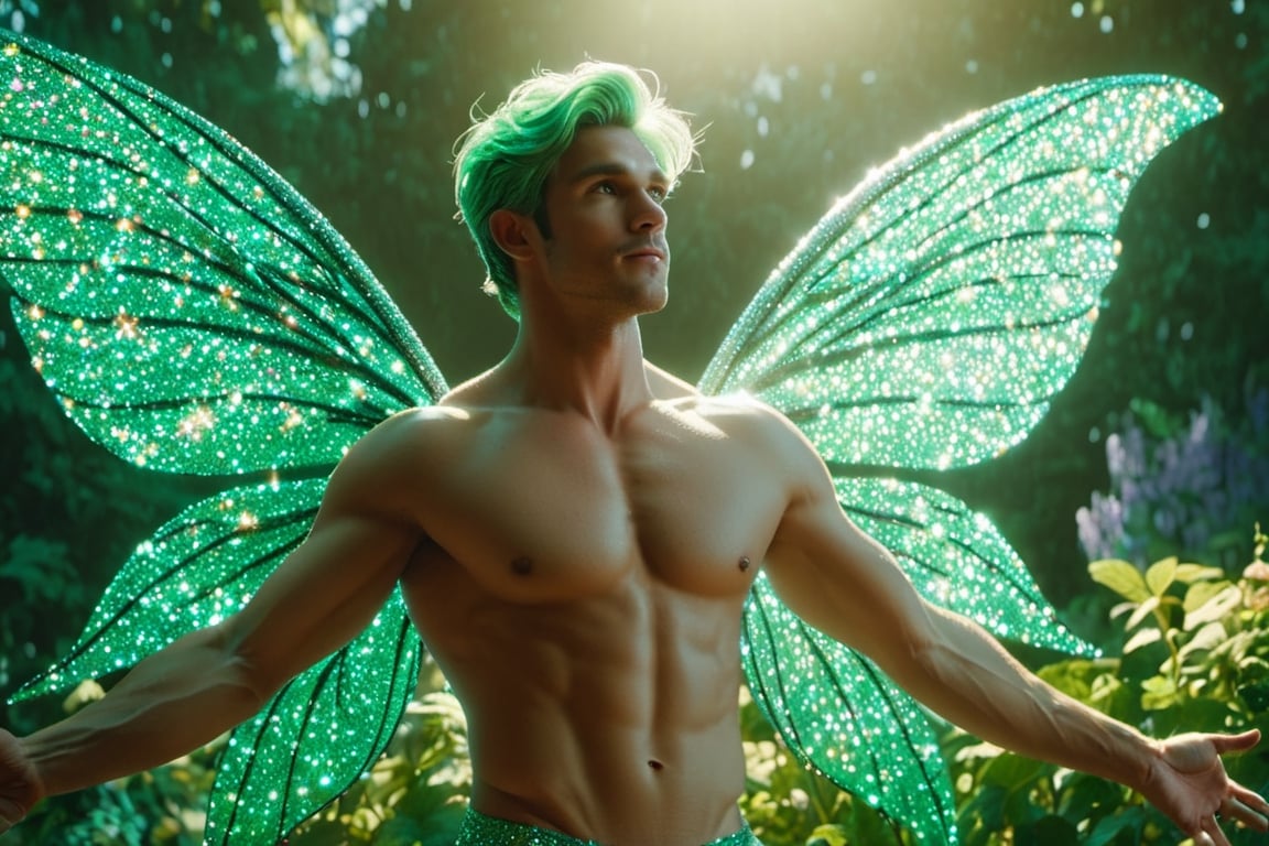 (photorealistic, masterpiece:1.5), best quality, beautiful lighting, realistic, real image, intricate details, depth of field, full body shot,1man, male focus, solo, extremely handsome, muscular, bara, male underwear, underwear bulge, muscular man, (male fairy), (glowing mint-green fairy wings), abs, nipples, pectorals, facial hair, (big beautiful mint-green fairy wings), flexing, topless male, navel, short mint colored hair, large pectorals, male, biceps, flower garden, exterior, stomach, anatomically correct, realistic, beautiful ethereal lighting, photorealistic (medium), 8k uhd, film grain, ((bokeh)), Cinematic Shot,DonMF41ryW1ng5XL,Mxl,glitter,Movie Still