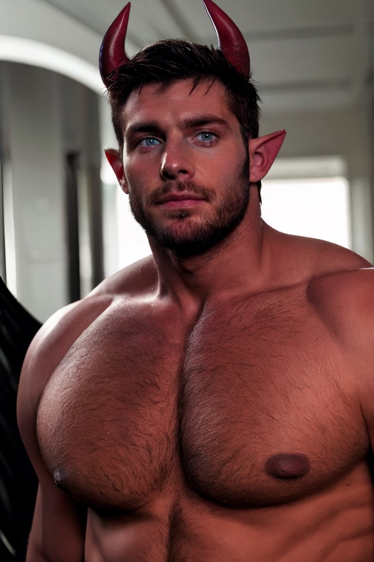 solo, looking at viewer, short hair, dark red hair, 1boy, upper body, male focus, wings, horns, pointy ears, demonic skin, muscular, facial hair, pectorals, muscular male, demon horns, bara, demon wings, beard, black wings, mature male, realistic, demon, chest hair,dom_suyo,handsome male,fantasy,DonMD3m0nV31ns