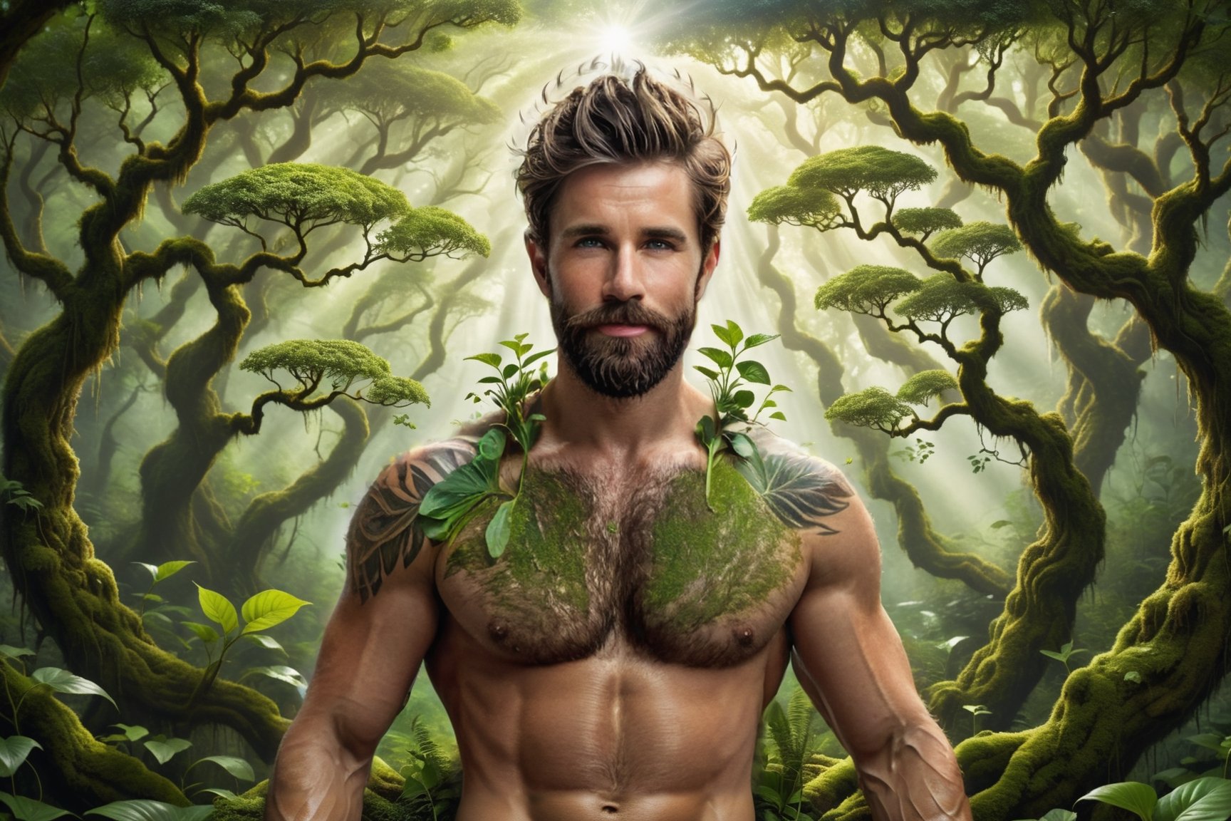 a handsome  geomancer with geomancing powers of the earth element, featuring (short mossy hair with a soft appearance), set in a overgrown, lush setting. Emphasize (((intricate details))), (((highest quality))), (((extreme detail quality))), and a (((captivating solid composition))). Use a palette of earth-toned colours, (((anatomically correct))), masculine handsome facial features, stubble, powerful toned physique ((meditating to store up his earth power)), magically sprouting plants from his perfect hands, full body shot, (((realistic flawless skin texture))), natural dramatic lighting, sun rays leaking thhrough the tree tops, ultrarealistic, earth manipulation powers, overgrown fantasy realism, magical plant powers, green energy, composed of elements of earth, plants, strong vines, growning energy, earth element, drath