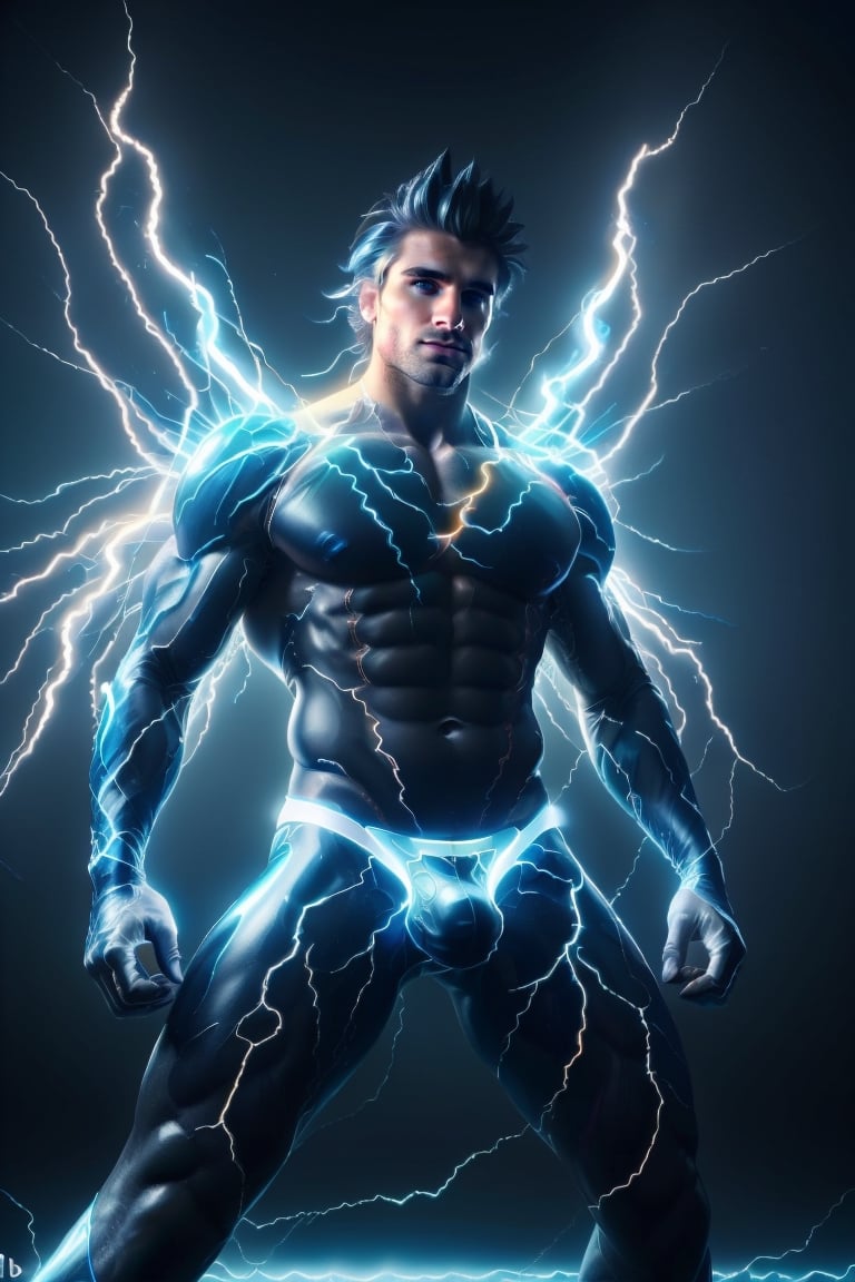 Professional photography, 8k resolution, ultrarealistic, (HDR, RAW, DSLR:1), an (extrememly handsome, gay Male storm demon:1.5), (big domon wings made out of lightning bolts of blue electricity:1.5), intricately detailed, (perched on the edge of a skyscraper:1), cinematic severe thunderstorm, (blue bolts of elecetricity course throughout his sexy muscular body:1.5), demon horns, glowing electric blue eyes, devilish smile, handsome masculine facial features, homoeroticism, short dark-blue hair, holding a ball of lightning, white lightning bolts flow throughout his muscular body, (leather underewear, crotch_bulge), volumetric lighting, anatomically correct, high contrast, sharp focus, electricity, lighting, color graded, Hi-def, DonMF41ryW1ng5,DonMl1ghtning