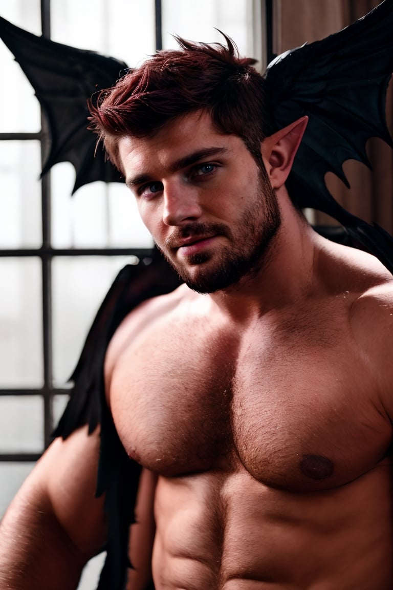 solo, looking at viewer, short hair, dark red hair, 1boy, upper body, male focus, wings, horns, pointy ears, demonic skin, muscular, facial hair, pectorals, muscular male, demon horns, bara, demon wings, beard, black wings, mature male, realistic, demon, chest hair,dom_suyo,handsome male,fantasy,DonMD3m0nV31ns