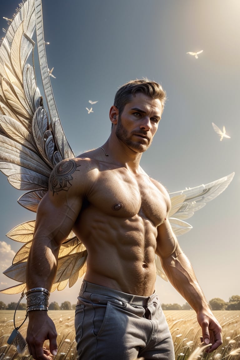 (photorealistic), cinimatic film still, beautiful lighting, best quality, realistic, real image, intricate details, depth of field, highly detailed, man, male focus, handsome, muscular, masculine and rugged, (Male fairy:1), (big intricate silver fairy wings:1), detailed muscular physique, masterpiece, photorealistic, powerful alpha male, perfect eyes, highly intricate facial features, short silver styled hair, muscular build, sharp focus, professional studio lighting, warm tones ((field)), dynamic pose, anatomically correct, atmospheric, RAW photo, 10k uhd,DonMF41ryW1ng5,handsome male,perfect light