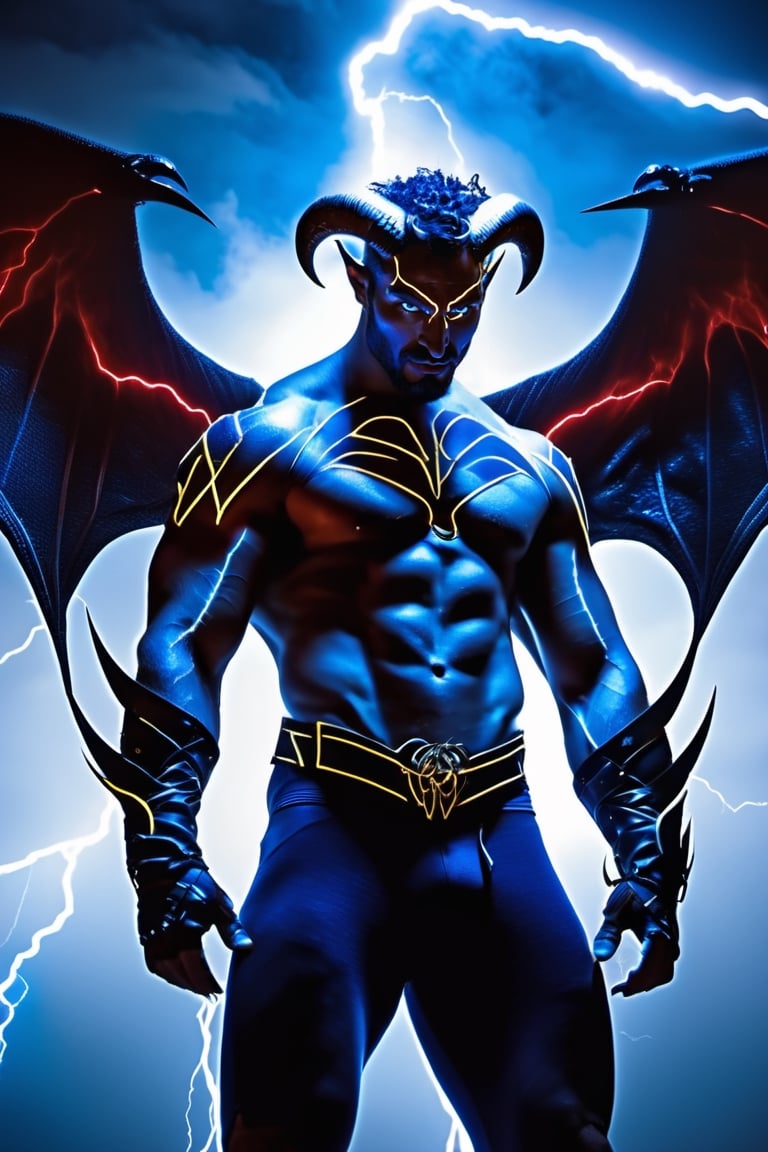 Professional photography, 8k resolution, ultrarealistic, (HDR, RAW, DSLR:1), (extremely handsome, gay Male storm demon:1.5), (big demon wings:1.5), muscular_body, realistic blue skin texture, ear piercing, stubble, intricately detailed, (sitting, waiting for you on the rooftop of a skyscraper:1), cinematic severe thunderstorm, (bolts of elecetricity shocks his sexy muscular body:1.5), demon horns, glowing electric eyes, (cocky devilish smile), (homoeroticism), handsome masculine facial features, short dark-blue hair, the severe storm has him wanting to play with you, white bolts of lightning surrounds the scene, (leather underewear, crotch_bulge), dyanamic lighting, (anatomically correct), volumetric atmosphere, high contrast, sharp focus, electricity, lighting trails, dom_suyo,LegendDarkFantasy