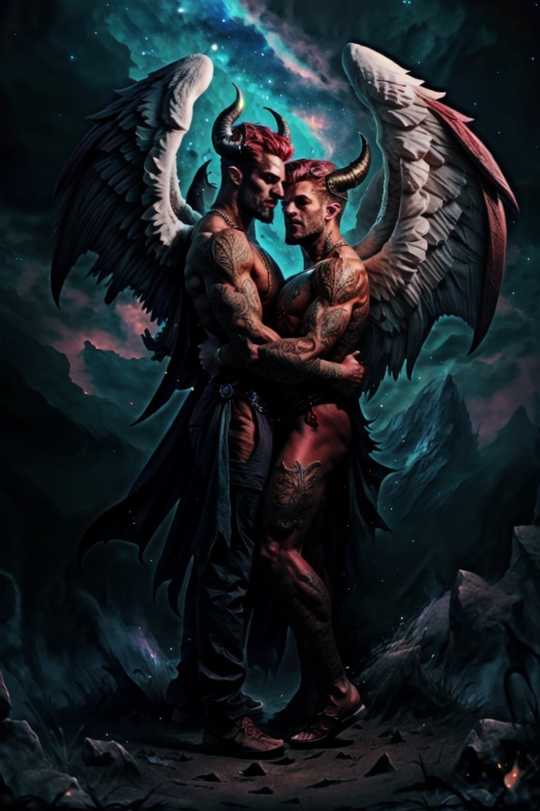 masterpiece,  bestquality,  photorealistic,  two muscular men embracing in each other arms,  (muscular male incubus with dark red horns),  (celestial god-like male angel with breathtaking angel wings),  beautiful contrasting,  intricate details,  good and evil,  demon versus angel,  light and dark,  fantasy characters,  homoerotic,  gay love,  dark romantic fantasy,  twilight atmospheric glow, man, handsome men, tattoos, fantasy00d, Portrait,

