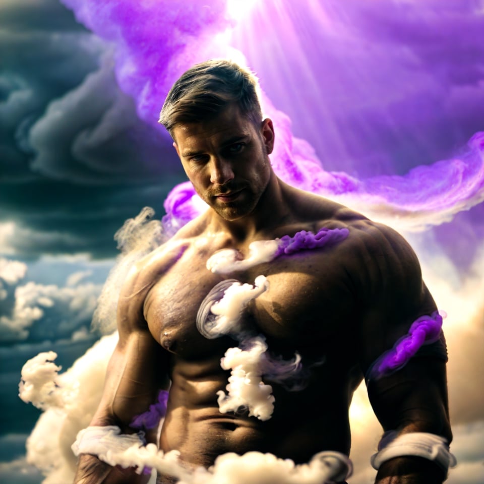 A handsome smokemancer with air manipulation abilitites, featuring (short blown hair with a soft appearance), set in a sky setting. Emphasize (((intricate details))), (((highest quality))), (((extreme detail quality))), and a (((captivating cloudy composition))) Use a palette of bright colours, (((anatomically correct))), masculine handsome facial features, stubble, (shirtless), powerful aeromancer, purple smoke swirling aorund him, 2/3 body shot, (((realistic soft skin texture))), bright dramatic lighting, sun rays leaking through pink clouds, ultrarealistic, air manipulation powers, smoke everywwhere, fantasy realism, magical wind powers, smoke energy, composed of elements of air, rainbow light, jetstreams, flowing energy, air element, handsome male, Portrait, Man, white-smoke, DonMW1nd,