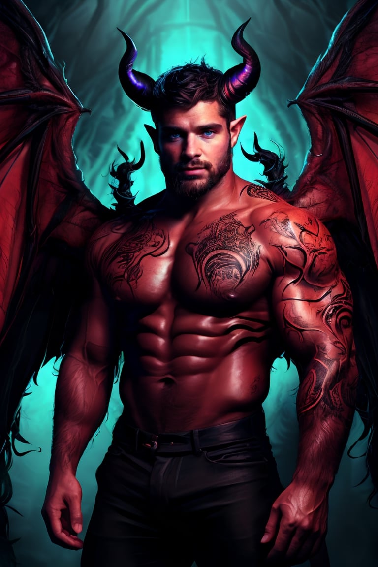 solo, looking at viewer, short hair, red-tipped black ombre hair, 1boy, upper body, male focus, wings, horns, pointy ears, demonic skin, muscular, facial hair, pectorals, muscular male, demon horns, bara, demon wings, beard, black wings, mature male, realistic, demon, chest hair,dom_suyo,handsome male,fantasy,DonMD3m0nV31ns