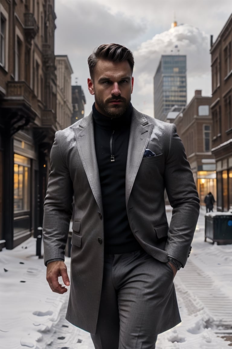 A man, wearing a blazer, in the winter, in a sad city, looking up at the sky as snow is falling