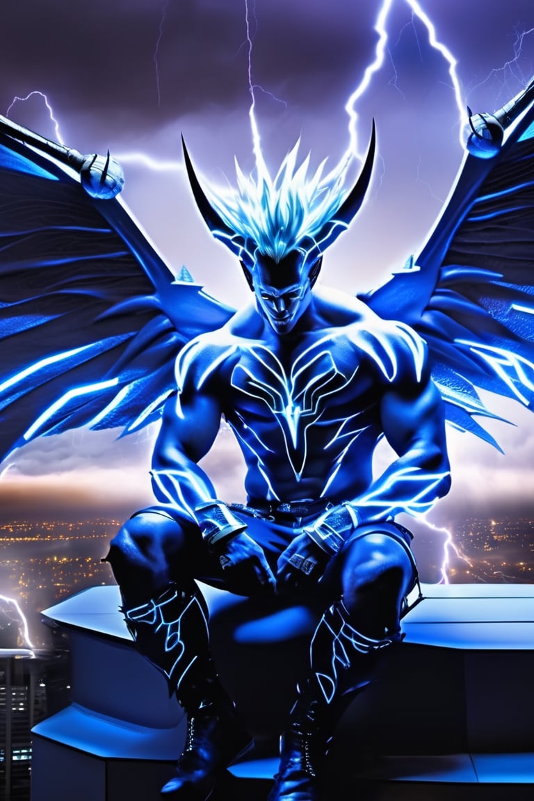 Professional photography, 8k resolution, ultrarealistic, (HDR, RAW, DSLR:1), (extremely handsome, gay Male storm demon:1.5), (big demon wings:1.5), muscular_body, realistic blue skin texture, ear piercing, stubble, intricately detailed, (sitting, waiting for you on the rooftop of a skyscraper:1), cinematic severe thunderstorm, (bolts of elecetricity shocks his sexy muscular body:1.5), demon horns, glowing electric eyes, (cocky devilish smile), (homoeroticism), handsome masculine facial features, short dark-blue hair, the severe storm has him wanting to play with you, white bolts of lightning surrounds the scene, (leather underewear, crotch_bulge), dyanamic lighting, (anatomically correct), volumetric atmosphere, high contrast, sharp focus, electricity, lighting trails, dom_suyo,wings,Handsome boy,meliodas_nanatsu_no_taizai,DonMD3m0nXL ,DonMK3yH0l3XL,sweetscape,anepicboy,Energy light particle mecha,monster,LegendDarkFantasy