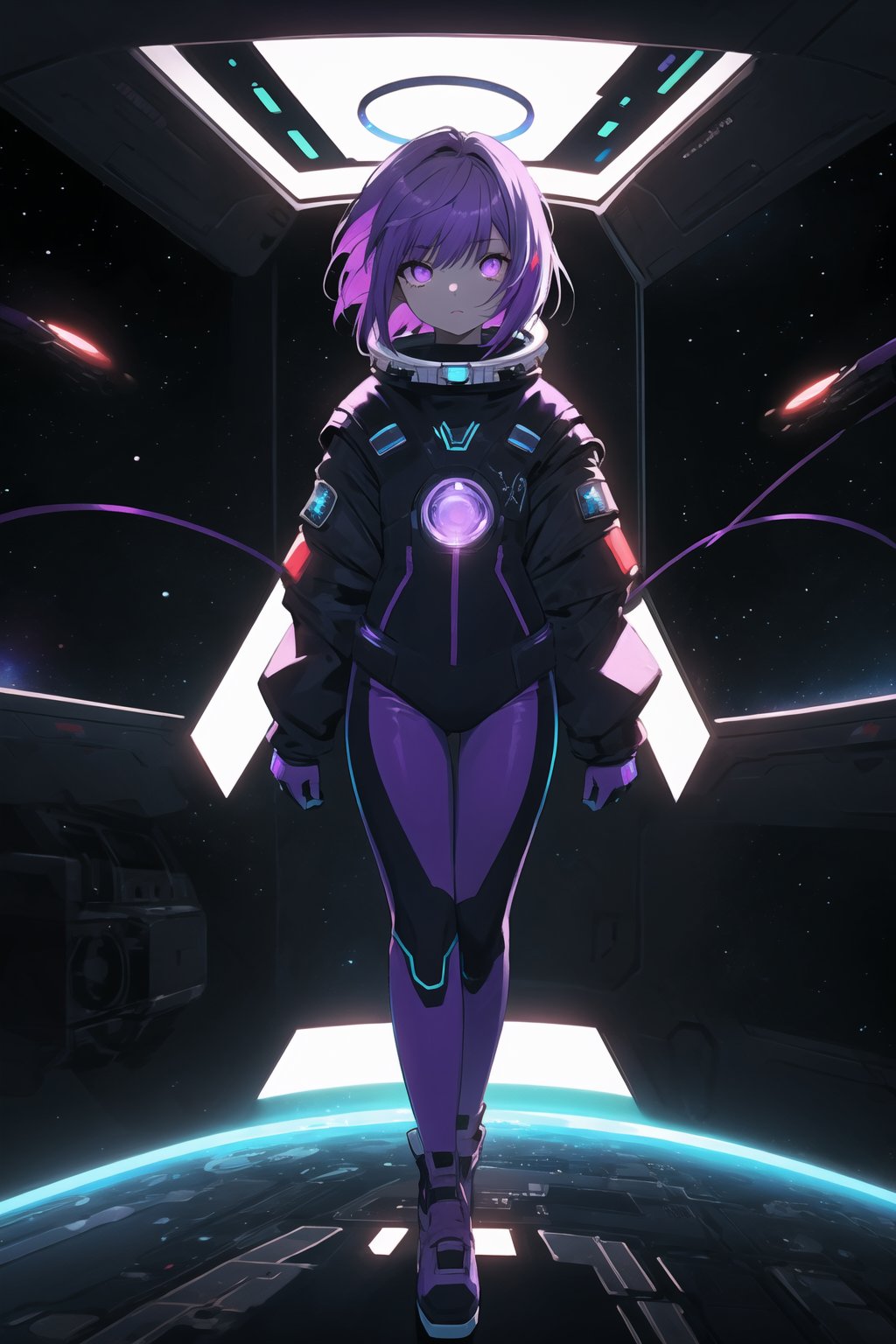 best quality,4k,(1girl,solo,fullbody),(short hair,light_purple_hair,neon_hair),purple eyes,dead eyes,dive_clothes,on_spaceship,space,stars, coreful_space,