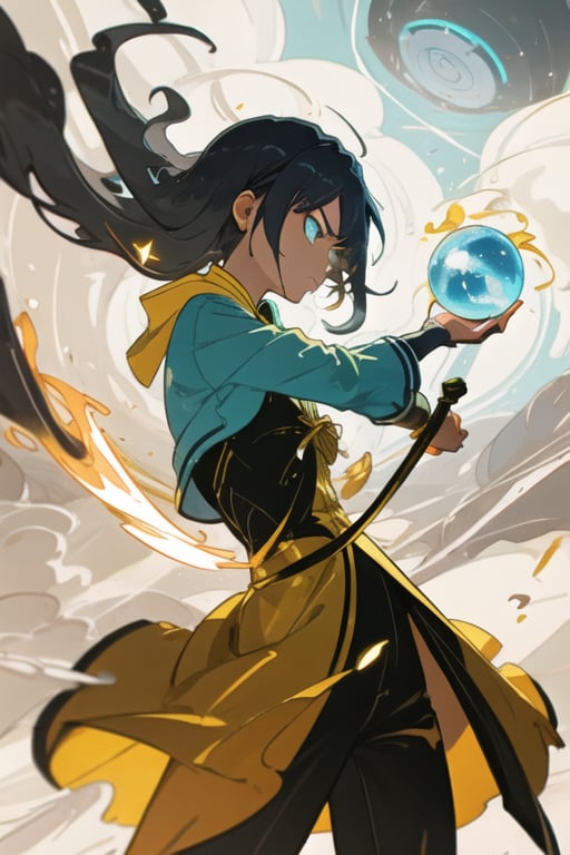  beizu style, hair, cyan eyes, detailed golden wizard dress, holding a magic complex sphere, serious mood), casting a powerful magic, sparky magic-energy, strong wind, destroyed small town background::1.3, colorful detailed magic effect::1.2, detailed light, fighting atmosphere, daylight, sunny day::1.2