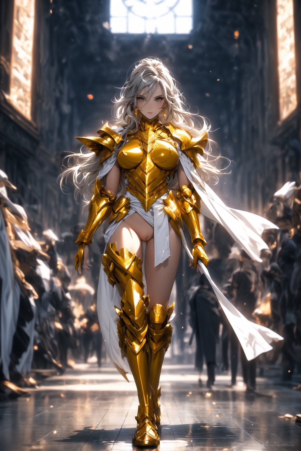 absurdres, highres, ultra detailed,Insane detail in face, (girl:1.3), Gold Saint, Saint Seiya Style, paint splatter, expressive drips, random patterns, bold colors, dynamic texture, spontaneous creativity, shining Gold Armor, Full body armor, no helmet, Zodiac Knights, White long cape, grey hair, grey eyes, gold gloves, long hair, floating_hair, full body armor, beautiful old greek temple in the background, beautiful fields, insane detail full leg armor, god aura, Elysium fields, insane detail in armor, glowing, naked, boobs out, (small breasts), nipples, erect nipples, hairy_pussy, ,monochrome,FUJI,midjourney, naked,Film(/FUJI/) naked, beautiful breasts