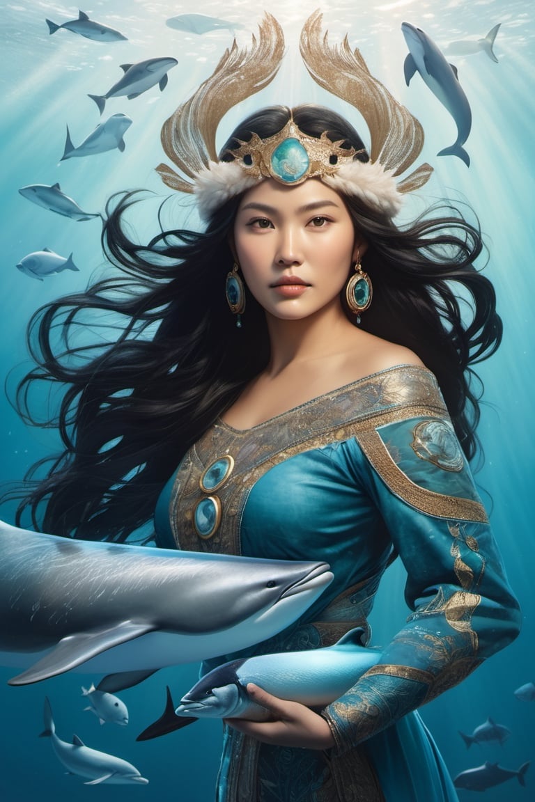 Detailed and realistic portrait of the Goddess Sedna, an Inuit traditional clothes, a central figure in Inuit mythology, looking in front of the camera, reflecting her role as the goddess of the sea and marine life. The image is to show Sedna at the bottom of the ocean, surrounded by sea creatures such as whales, seals and fish, symbolizing her control over marine resources. Sedna must be represented as an Inuit woman, with authentic features and traditional clothing adorned with fur and Inuit details. Her hair should blend into the surrounding waters, and her hands should hold a sea comb, symbolizing her ability to control marine life. The seabed should be picturesque, with cold tones that reflect the arctic environment. Lighting should highlight the beauty and mystery of the deep ocean. The color palette should include shades of blue, green and white to convey the feeling of being underwater. The image must be high resolution and have a realistic style that honors the rich Inuit mythology and their relationship with the sea. 