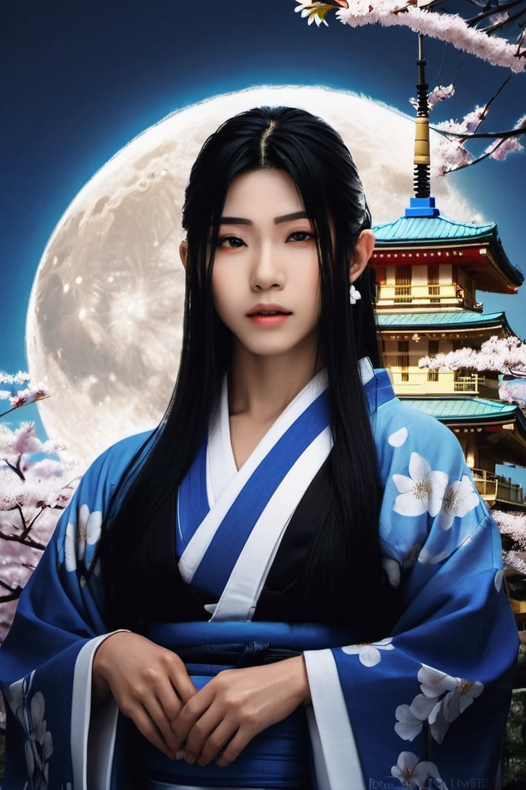 God Tsukuyomi, ((a man:2.0)), ((god of the moon)), beautiful man, with a serene face, Japanese anime-type features, (straight black Japanese-type hair), (black hair), white skin, fine features, black eyes with round pupils, ((Front posture looking at the camera)), (((long hair, black hair, straight hair, japanese hair))). ((Traditional costume of the Japanese god Tsukuyomi)), colorful, white, blue, silver, violet, gold. In the background, a ((mythical Japanese setting)), (((cherry trees, bamboo, a mythical and traditional Japanese forest))), ((a Japanese temple of the god Tsukuyomi)), ((in the night sky a full moon:2.0)), white and bright, with white and blue neon lights. Bamboo in some areas of the image, (((a mythical Japanese setting:2.0))), full color. With a lot of detail. realistic, stunning realistic photograph, gentle sunlight, stunning realistic photograph, 3d render, octane render, intricately detailed, cinematic, trending on artstation, Isometric, Centered hyper ealistic cover photo, awesome full color, hand drawn, dark, gritty, mucha, klimt , erte 128k, high definition, cinematic, neoprene, be chance contest winner, portrait featured on unsplash, stylized digital art, smooth, ultra high definition ,The most modern camera today fujifilm gfx 100s, 84k, unreal engine 5, ultra sharp focus, intricate artwork masterpiece, ominous, epic, TanvirTamim, trending on artstation, by artgerm, giger and beksinski, highly detailed, vibrant.