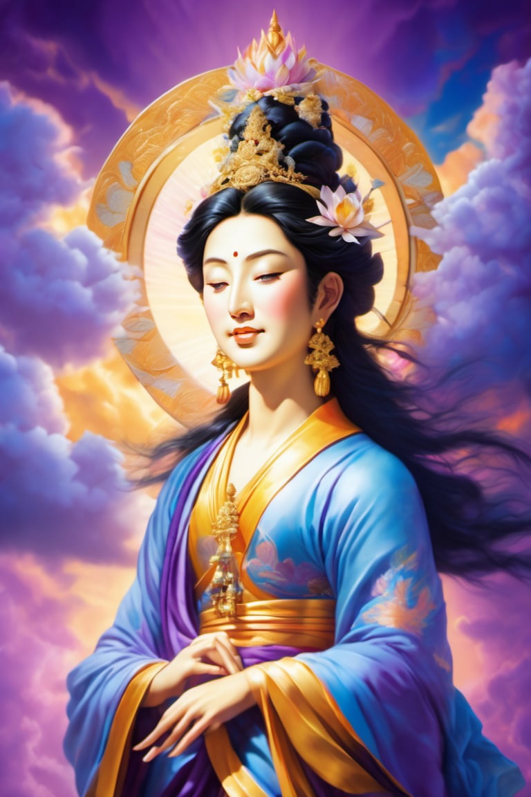 portrait of the goddess Kwan Yin, in full color, hyperdetailed, hyperrealistic, 4K, in the background a bright light that indicates divinity, purple color, clouds in the sky, his face reflects happiness, fulfillment, and serenity, eyes open