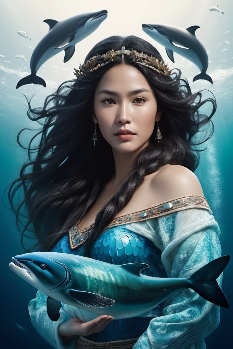 Detailed and realistic portrait of the Goddess Sedna, an Inuit traditional clothes, a central figure in Inuit mythology, looking in front of the camera, reflecting her role as the goddess of the sea and marine life. The image is to show Sedna at the bottom of the ocean, surrounded by sea creatures such as whales, seals and fish, symbolizing her control over marine resources. Sedna must be represented as an Inuit woman, with authentic features and traditional clothing adorned with fur and Inuit details. Her hair should blend into the surrounding waters, and her hands should hold a sea comb, symbolizing her ability to control marine life. The seabed should be picturesque, with cold tones that reflect the arctic environment. Lighting should highlight the beauty and mystery of the deep ocean. The color palette should include shades of blue, green and white to convey the feeling of being underwater. The image must be high resolution and have a realistic style that honors the rich Inuit mythology and their relationship with the sea. 