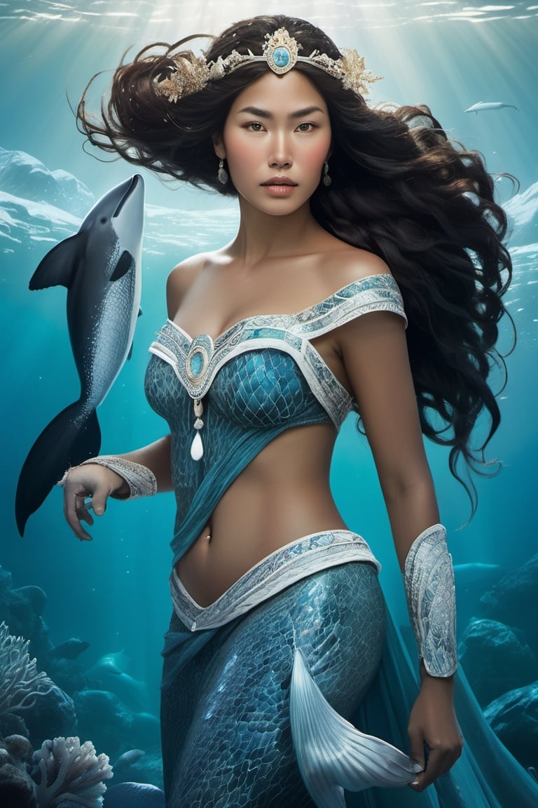 Detailed and realistic portrait of the Goddess Sedna, an Inuit traditional clothes, a central figure in Inuit mythology, looking in front of the camera, reflecting her role as the goddess of the sea and marine life. The image is to show Sedna at the bottom of the ocean, surrounded by sea creatures such as whales, seals and fish, symbolizing her control over marine resources. Sedna must be represented as an Inuit woman, with authentic features and traditional clothing adorned with fur and Inuit details. Her hair should blend into the surrounding waters, and her hands should hold a sea comb, symbolizing her ability to control marine life. The seabed should be picturesque, with cold tones that reflect the arctic environment. Lighting should highlight the beauty and mystery of the deep ocean. The color palette should include shades of blue, green and white to convey the feeling of being underwater. The image must be high resolution and have a realistic style that honors the rich Inuit mythology and their relationship with the sea. 