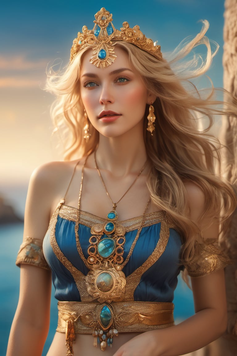 Waist high Portrait of an exotic beautiful of Goddess Venus, with (((60 years old))), beautiful, with her ((golden hair)), blue eyes, flushed skin, with a sensual and gentle gesture, with a subtle smile, gold jewelry, her gold belt. in the background the sea, in some ancient Greek coasts, sunny and beautiful, with a lot of detail. realistic, stunning realistic photograph, gentle sunlight, stunning realistic photograph, 3d render, octane render, intricately detailed, cinematic, trending on artstation , Isometric, Centered hyper ealistic cover photo, awesome full color, hand drawn, dark, gritty, mucha, klimt , erte 128k, high definition, cinematic, neoprene, be chance contest winner, portrait featured on unsplash, stylized digital art, smooth, ultra high definition ,The most modern camera today fujifilm gfx 100s, 84k, unreal engine 5, ultra sharp focus, intricate artwork masterpiece, ominous, epic, TanvirTamim, trending on artstation, by artgerm, giger and beksinski, highly detailed, vibrant