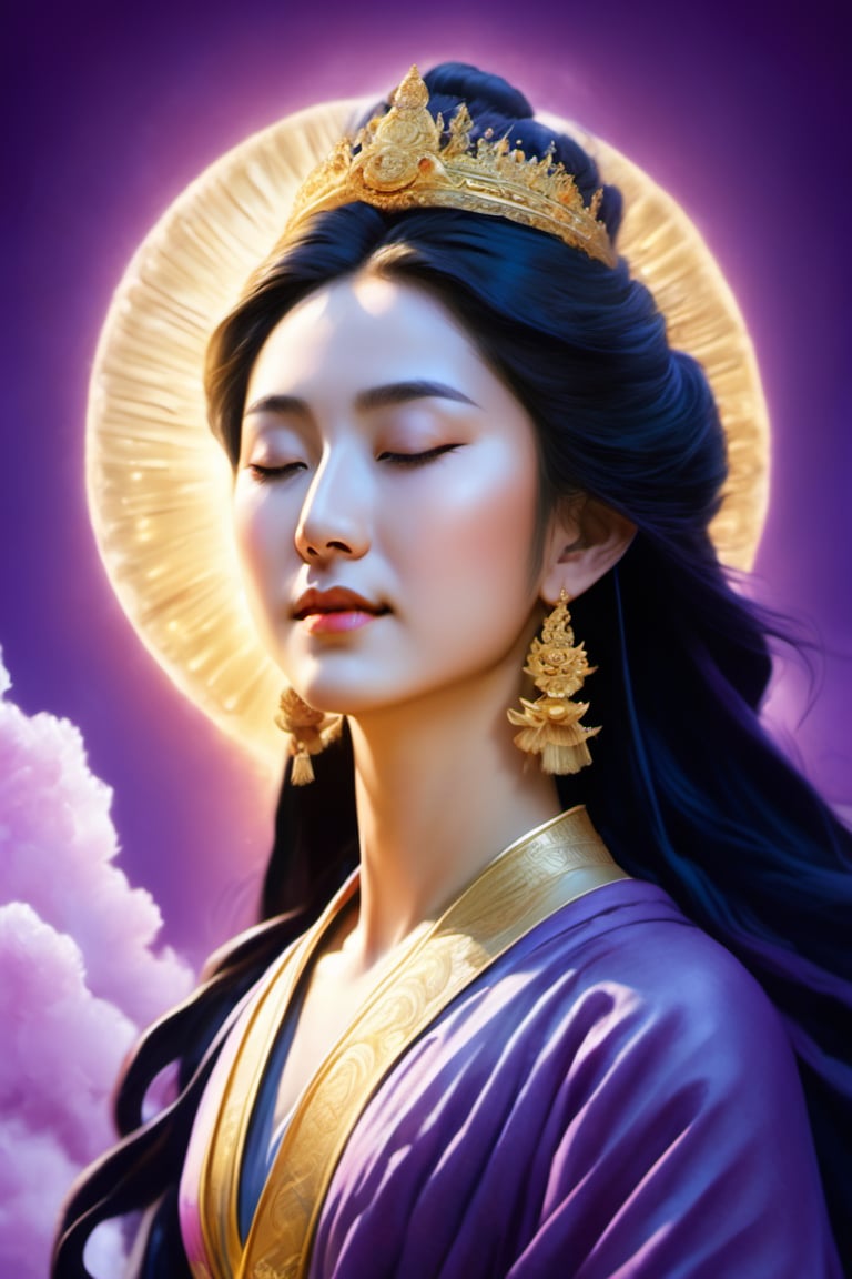 portrait of the goddess Kwan Yin, in full color, hyperdetailed, hyperrealistic, 4K, in the background a bright light that indicates divinity, purple color, clouds in the sky, his face reflects happiness, fulfillment, and serenity, (((eyes open)))