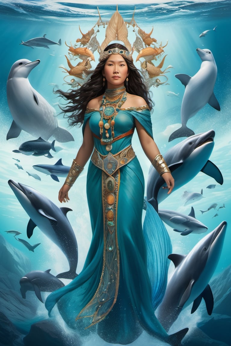 Detailed and realistic depiction of the Goddess Sedna, an Inuit traditional clothes, a central figure in Inuit mythology, looking in front of the camera, reflecting her role as the goddess of the sea and marine life. The image is to show Sedna at the bottom of the ocean, surrounded by sea creatures such as whales, seals and fish, symbolizing her control over marine resources. Sedna must be represented as an Inuit woman, with authentic features and traditional clothing adorned with fur and Inuit details. Her hair should blend into the surrounding waters, and her hands should hold a sea comb, symbolizing her ability to control marine life. The seabed should be picturesque, with cold tones that reflect the arctic environment. Lighting should highlight the beauty and mystery of the deep ocean. The color palette should include shades of blue, green and white to convey the feeling of being underwater. The image must be high resolution and have a realistic style that honors the rich Inuit mythology and their relationship with the sea. 