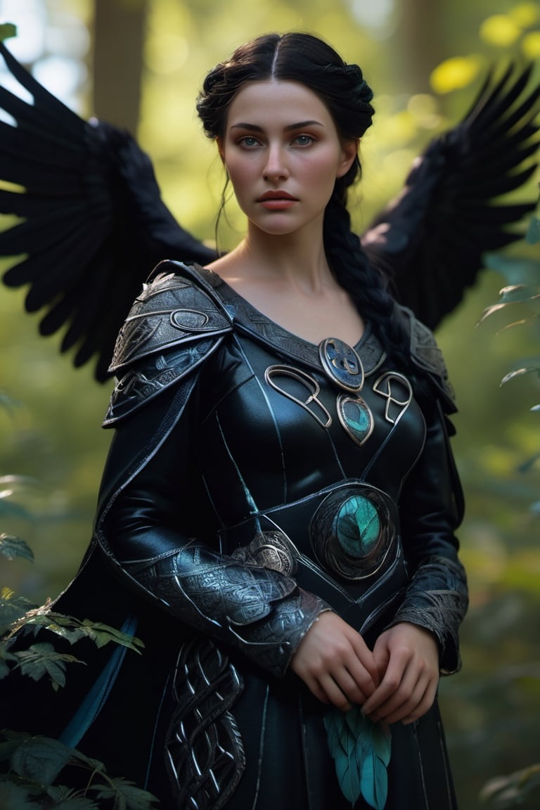 (((hyper realistic face))) (((extreme realistic skin detail))) Celtic goddess Morrigan, Celtic Goddess Morrigan, full body, Celtic armor, Celtic goddess of death and destruction, taking the form of a raven or crow. in a celtic forest. details that evoke the feeling of ancient Greece, illuminated by soft natural sunlight. sharp focus, 8k, UHD, high quality, frowning, intricate detailed, highly detailed, hyper-realistic,Leonardo Style