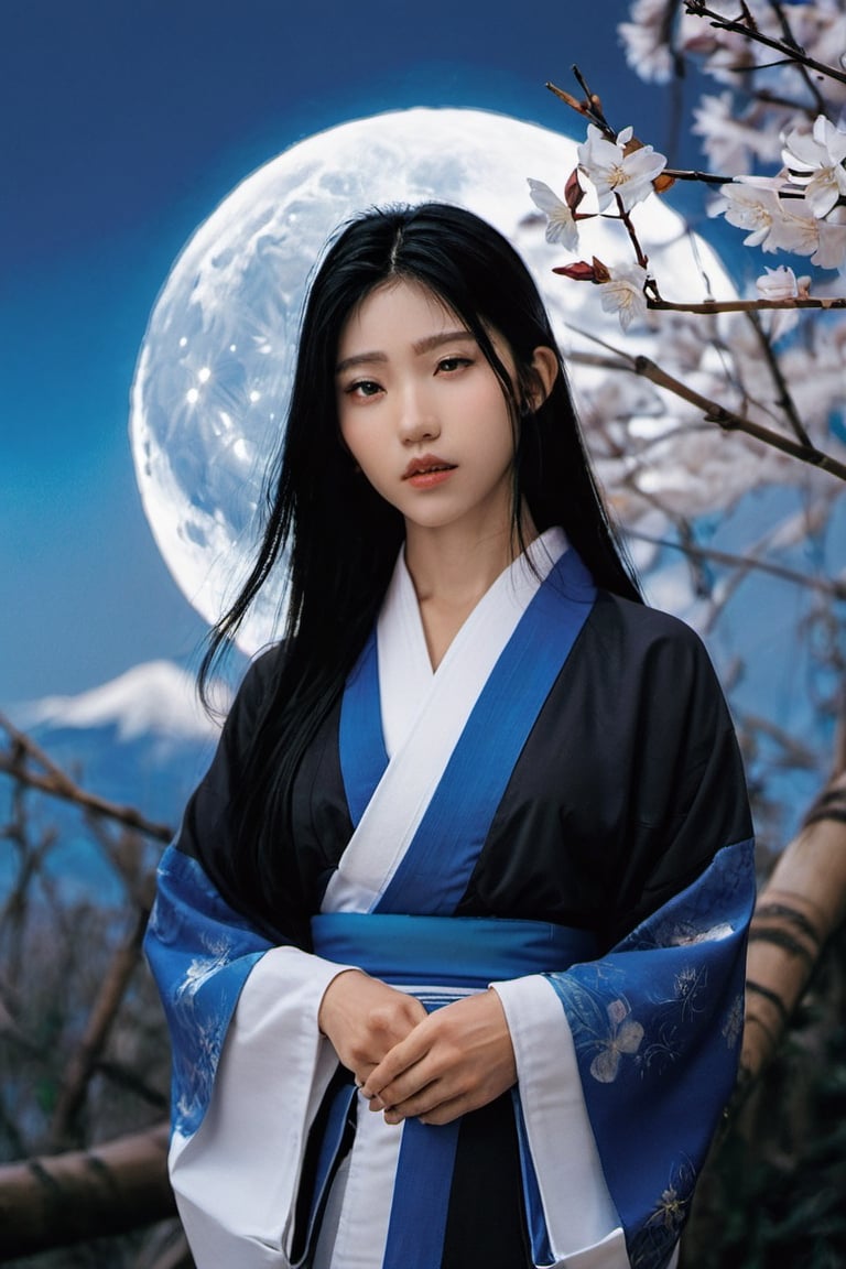 God Tsukuyomi, (a male god), (((a man:2.0))), ((god of the moon)), beautiful man, with a serene face, Japanese anime-type features, (straight black Japanese-type hair), (black hair), white skin, fine features, black eyes with round pupils, ((Front posture looking at the camera)), (((long hair, black hair, straight hair, japanese hair))). ((Traditional costume of the Japanese god Tsukuyomi)), colorful, white, blue, silver, violet, gold. In the background, a ((mythical Japanese setting)), (((cherry trees, bamboo, a mythical and traditional Japanese forest))), ((a Japanese temple of the god Tsukuyomi)), ((in the night sky a full moon:2.0)), white and bright, with white and blue neon lights. Bamboo in some areas of the image, (((a mythical Japanese setting:2.0))), full color. With a lot of detail. realistic, stunning realistic photograph, gentle sunlight, stunning realistic photograph, 3d render, octane render, intricately detailed, cinematic, trending on artstation, Isometric, Centered hyper ealistic cover photo, awesome full color, hand drawn, dark, gritty, mucha, klimt , erte 128k, high definition, cinematic, neoprene, be chance contest winner, portrait featured on unsplash, stylized digital art, smooth, ultra high definition ,The most modern camera today fujifilm gfx 100s, 84k, unreal engine 5, ultra sharp focus, intricate artwork masterpiece, ominous, epic, TanvirTamim, trending on artstation, by artgerm, giger and beksinski, highly detailed, vibrant.